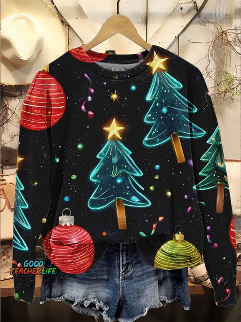 Retro Christmas Christmas Tree Casual Print Sweatshirt