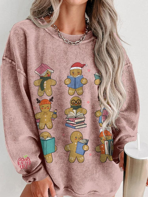 Christmas Teacher Gingerbread Women's  Casual Print Corduroy Sweatshirt