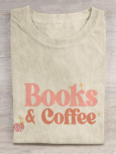 Books And Coffee Casual Print T-shirt