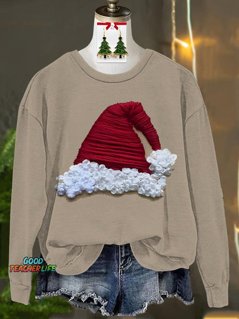 Christmas Woolen Hat Printed Casual Sweatshirt