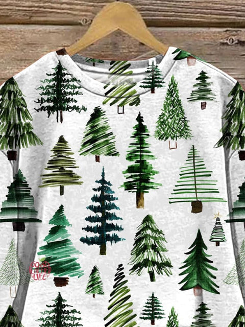 Watercolor Christmas Tree Pattern Printed Casual Sweatshirt