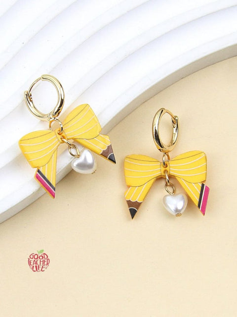 Back To School Pencil Bow Hoop Drop Earrings