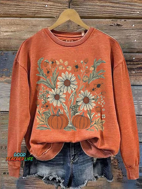 Leopard Pink Pumpkin Boho Floral Fall Casual Print Sweatshirt