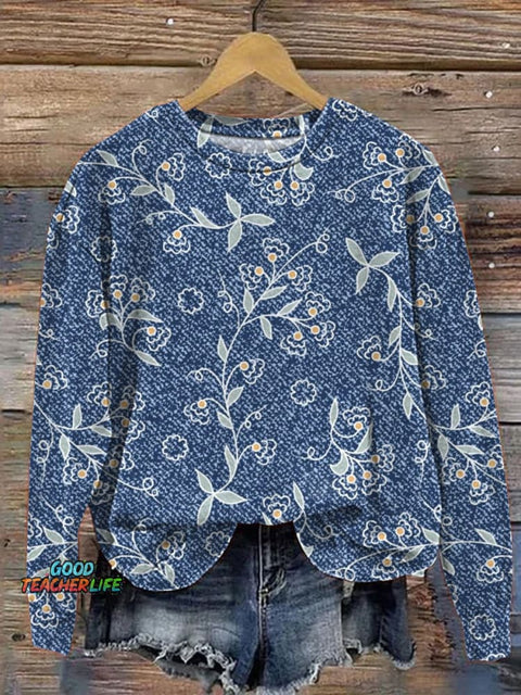 Denim And Floral Pattern Printed Casual Sweatshirt