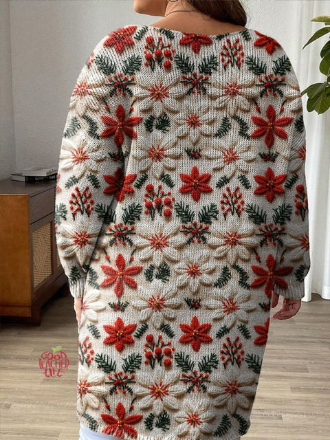 Women's Lovely Christmas Floral Art Print Casual Pullover Sweater Dress