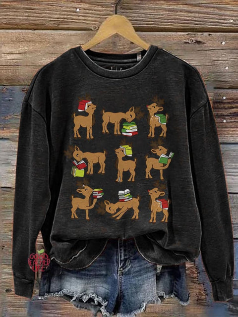 Reindeer Reading Teacher Christmas Book Lover Reading Teacher Casual Print Sweatshirt