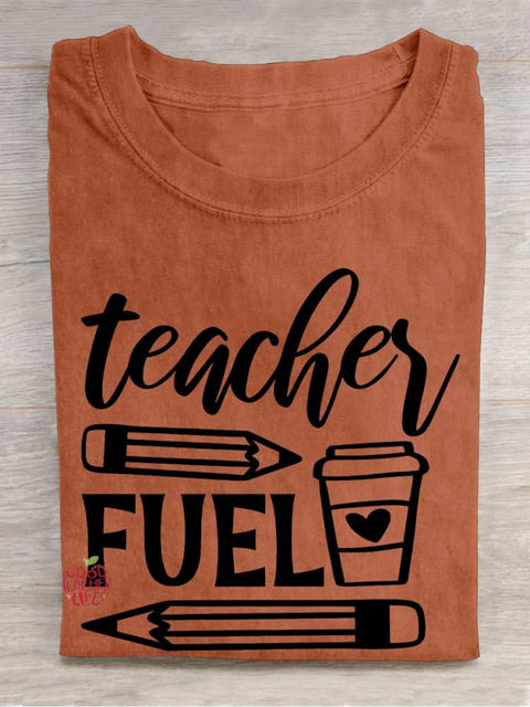 Teacher Fuel Pencil Coffee Casual Print T-shirt