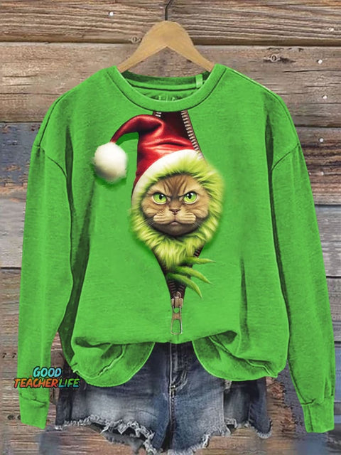 Funny Ugly Christmas Cat Art Print Casual  Sweatshirt
