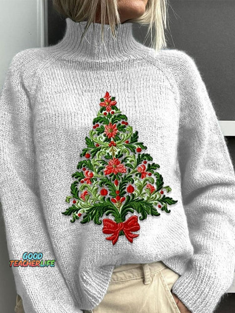 Embroidery  Christmas Tree Art Print Knit Turtleneck Pullover Sweater