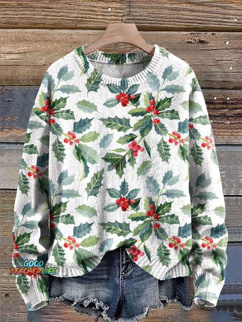 Christmas Holly leaf Christmas tree Print Knit Pullover Sweater