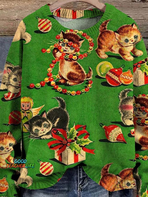 Christmas Cute Cats Decorations Art Print Casual Knit Pullover Sweater