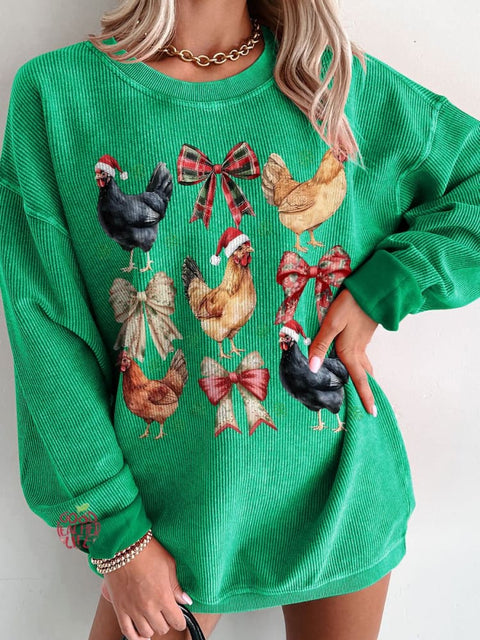 Women's Chicken Christmas Coquette Casual Print Corduroy Sweatshirt