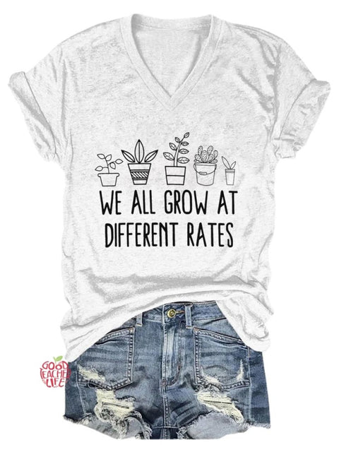 Women's We All Grow At Different Rates Teacher V-neck T-shirt