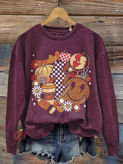 Autumn Harvest Halloween Teacher Print Casual Long Sleeve Sweatshirt