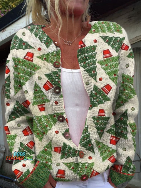 Christmas Tree Print Buttoned Cardigan Sweater