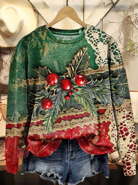 Women's Retro Christmas Collage Art Patterns Print Casual Crew Neck Sweatshirt