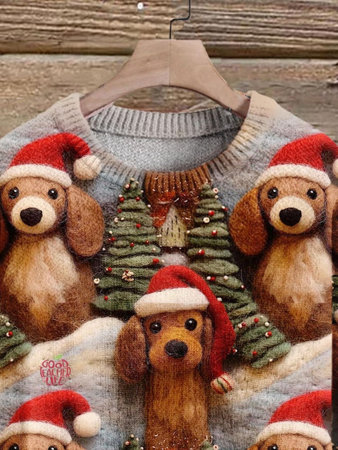 Retro Christmas Gift Dog Art Print Knit Pullover Sweater