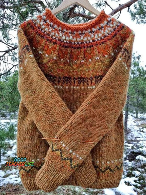 Retro Print Knit Crew Neck  Pullover Sweater