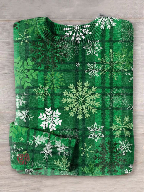 Christmas Green Snowflake Art  Print Knit Pullover Sweater