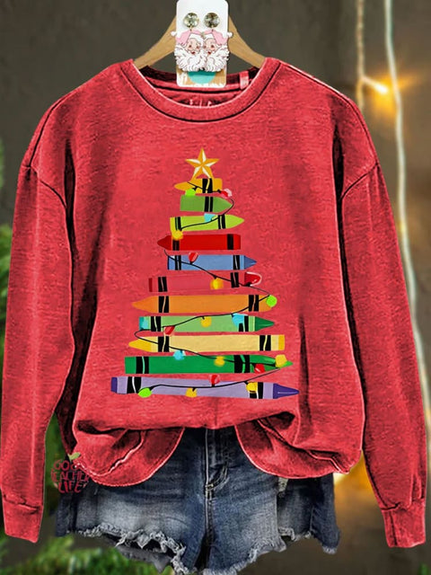 Crayons Tree Colored Lights Teacher Christmas Casual Sweatshirt