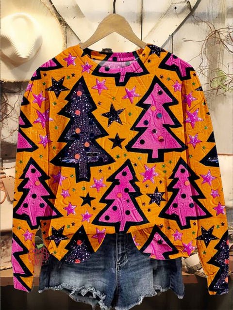 Neon Christmas Trees Print Casual Sweatshirt