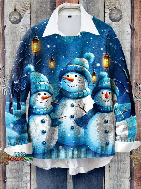Christmas Snowman Art Print Knit Pullover Sweater