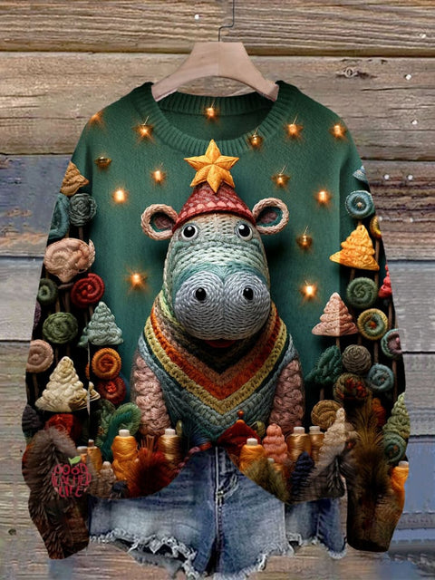 Christmas Cute Hippo Art Print Knit Pullover Sweater