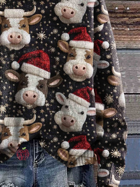 Christmas Cow Print Casual Knitted Hoodie Sweater