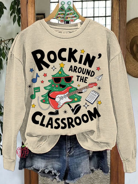 Rockin Around The Classroom Retro Teacher Christmas Casual Sweatshirt