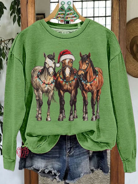 Christmas Horses Casual Print Sweatshirt