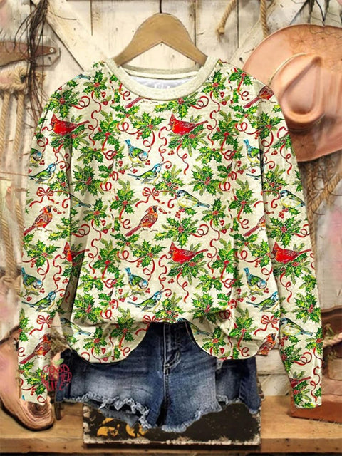 Lovely Christmas Floral Birds Art Print Casual Sweatshirt