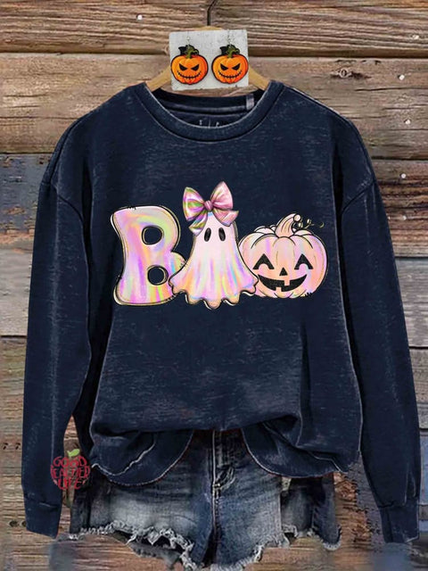 Retro Iridescent Ghost Pumpkin Pink Ghost Halloween Print Sweatshirt