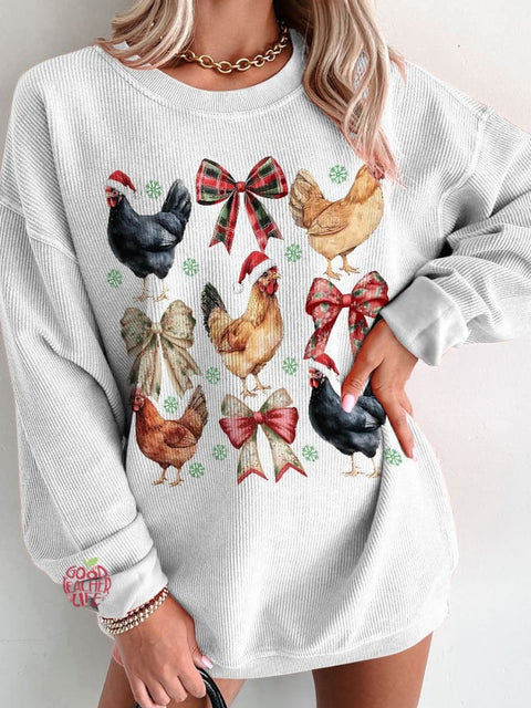 Women's Chicken Christmas Coquette Casual Print Corduroy Sweatshirt