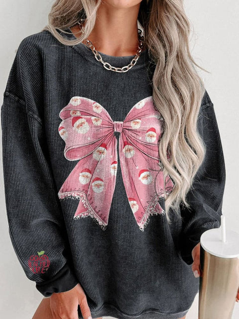 Christmas Cute Santa Bow Women's  Casual Print Corduroy Sweatshirt