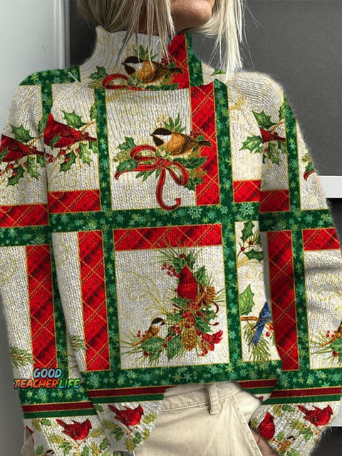 Retro Christmas Patchwork Print Knit Turtleneck Pullover Sweater