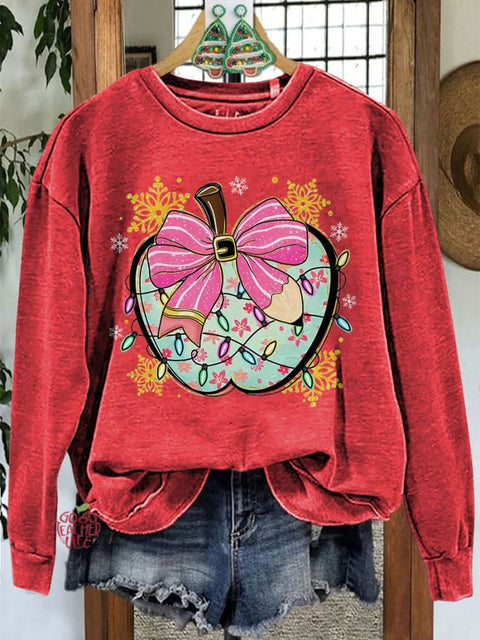 Colorful Glitter Apple Bow Teacher Merry Christmas Casual Sweatshirt