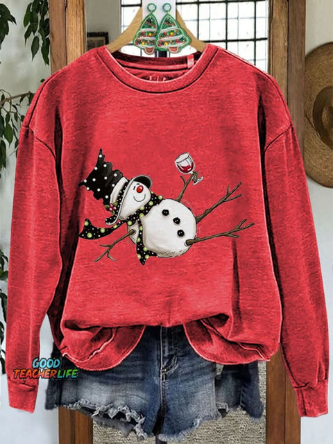 Drunk Snowman Drinking Wine Winter Holiday Christmas Casual Print Sweatshirt