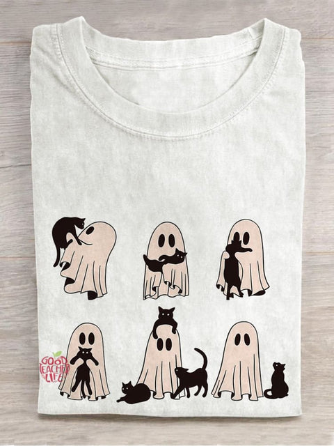 Ghost Cat Halloween Casual Print T-shirt