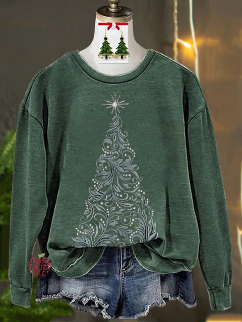 Tengman Christmas Tree Imitation Embroidery Printed Casual Sweatshirt