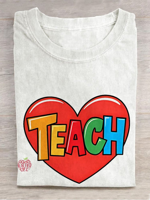 Teacher Heart Love Casual Print T-shirt