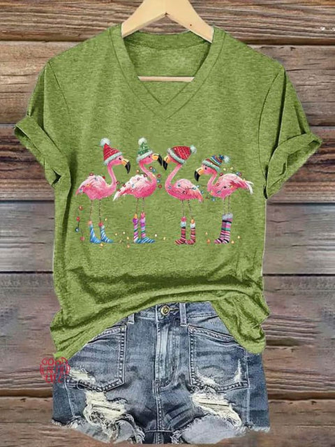 Women's Lovely Christmas Flamingo Art Print V-neck Casual T-Shirt