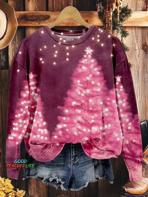 Pink Christmas Tree Holiday Casual Print Sweatshirt