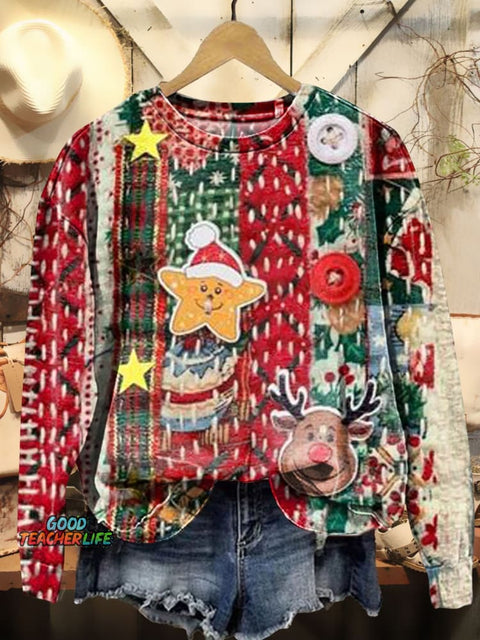 Christmas Star Elk Patchwork Art Print Casual Sweatshirt