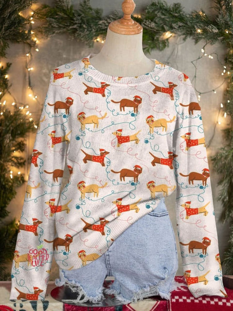 Cute Lovely Christmas Cheeer Dogs and Cats Art Print Knit Pullover Sweater