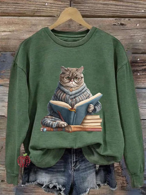 Cat In A Cardigan Read A Book Casual Print Sweatshirt