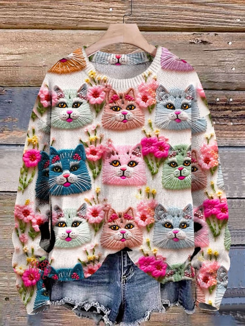 Cute Cat Art Print Knit Pullover Sweater