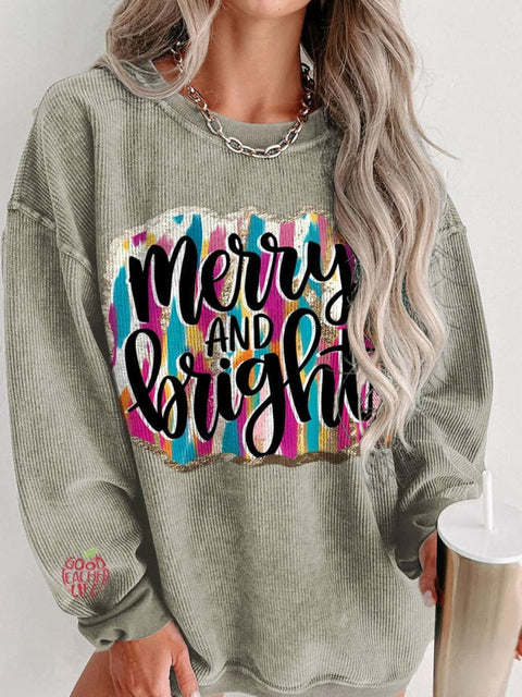 Christmas Merry and Bright Brush Strokes Women's  Casual Print Corduroy Sweatshirt