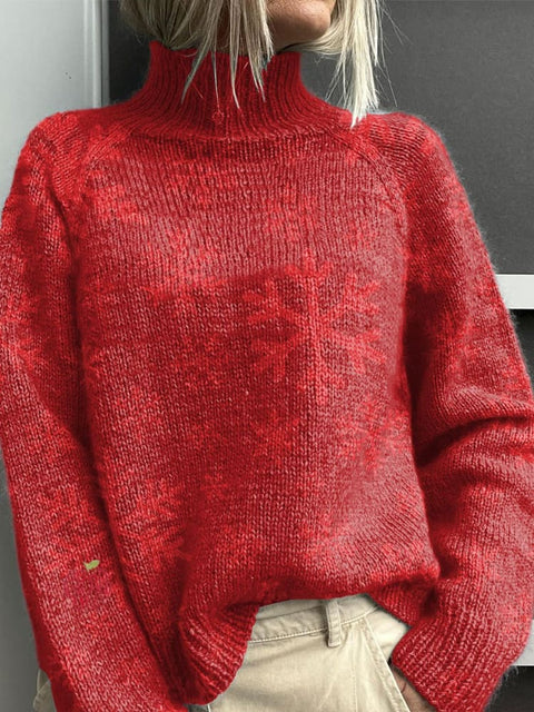 Red Snowflake Christmas Print Knit Turtleneck Pullover Sweater