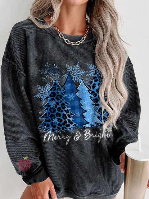 Women's Blue Christmas Trees Snowflake Merry and Bright Casual Print Corduroy Sweatshirt