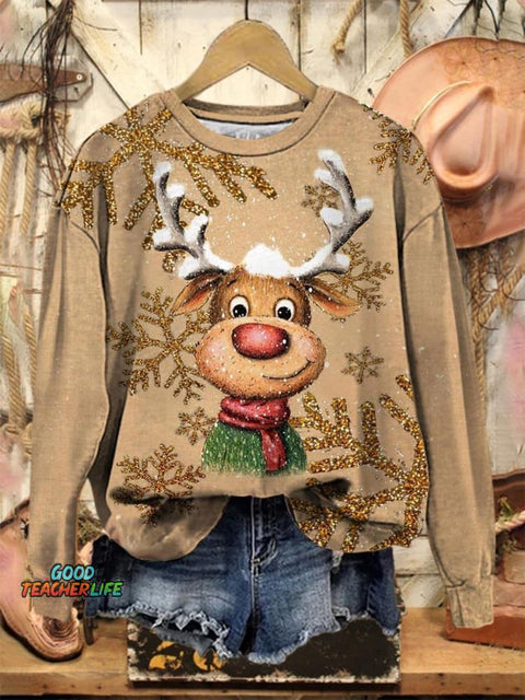 Lovely Christmas Deer Pattern Art Print Casual Sweatshirt